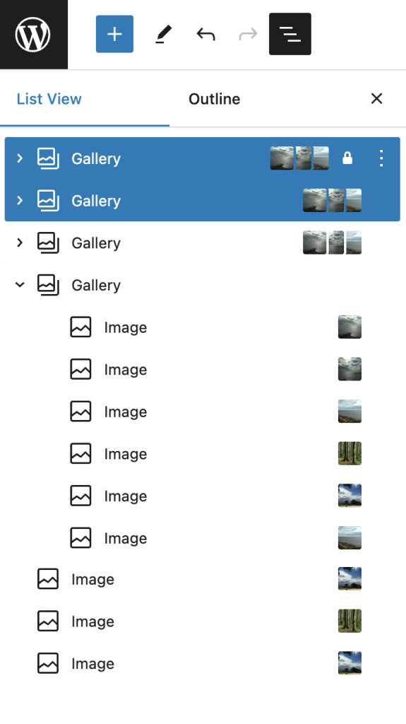 List View in the editor with Gallery and Image blocks listed, each with image thumbnail previews next to them